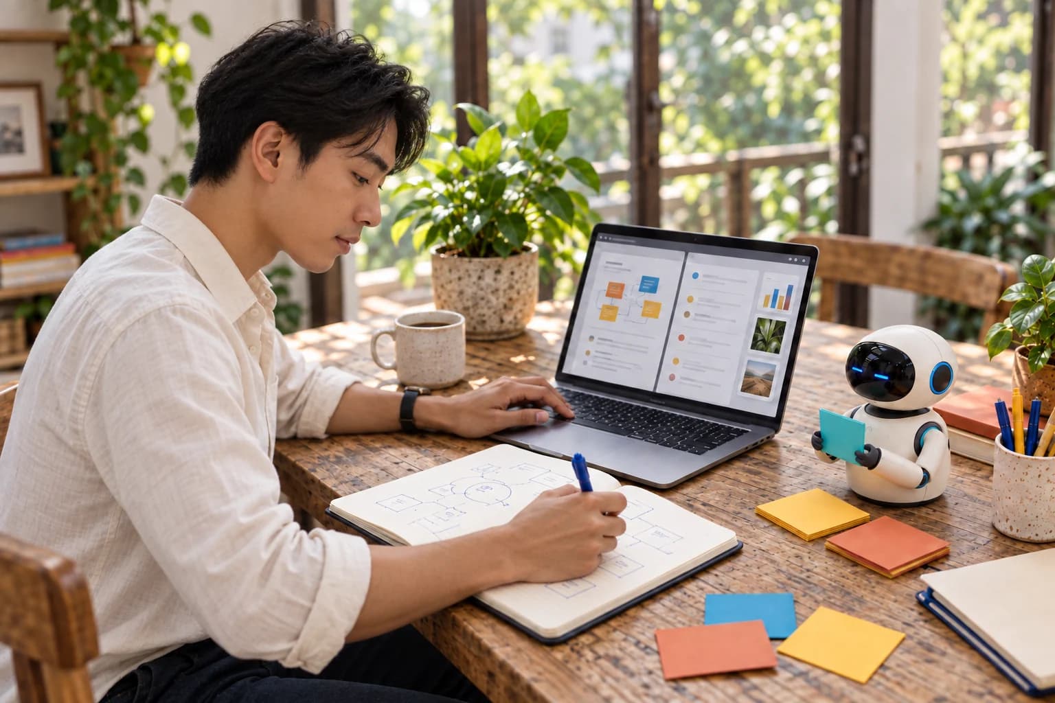 Un entrepreneur structure son projet pendant qu’un robot assistant l’aide à organiser ses données.