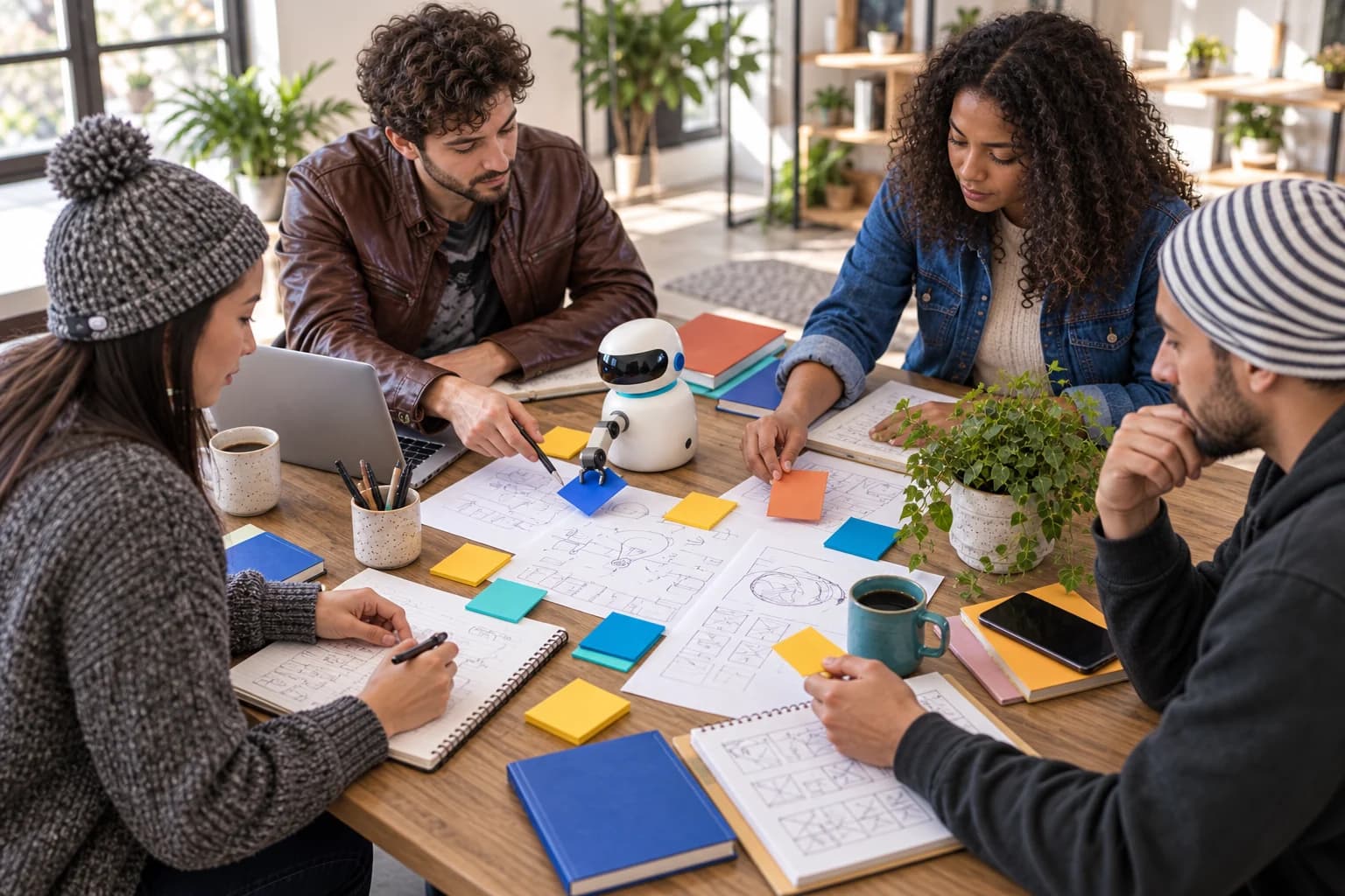 Des professionnels travaillent ensemble avec l’appui d’un assistant IA, sans déléguer la décision humaine.