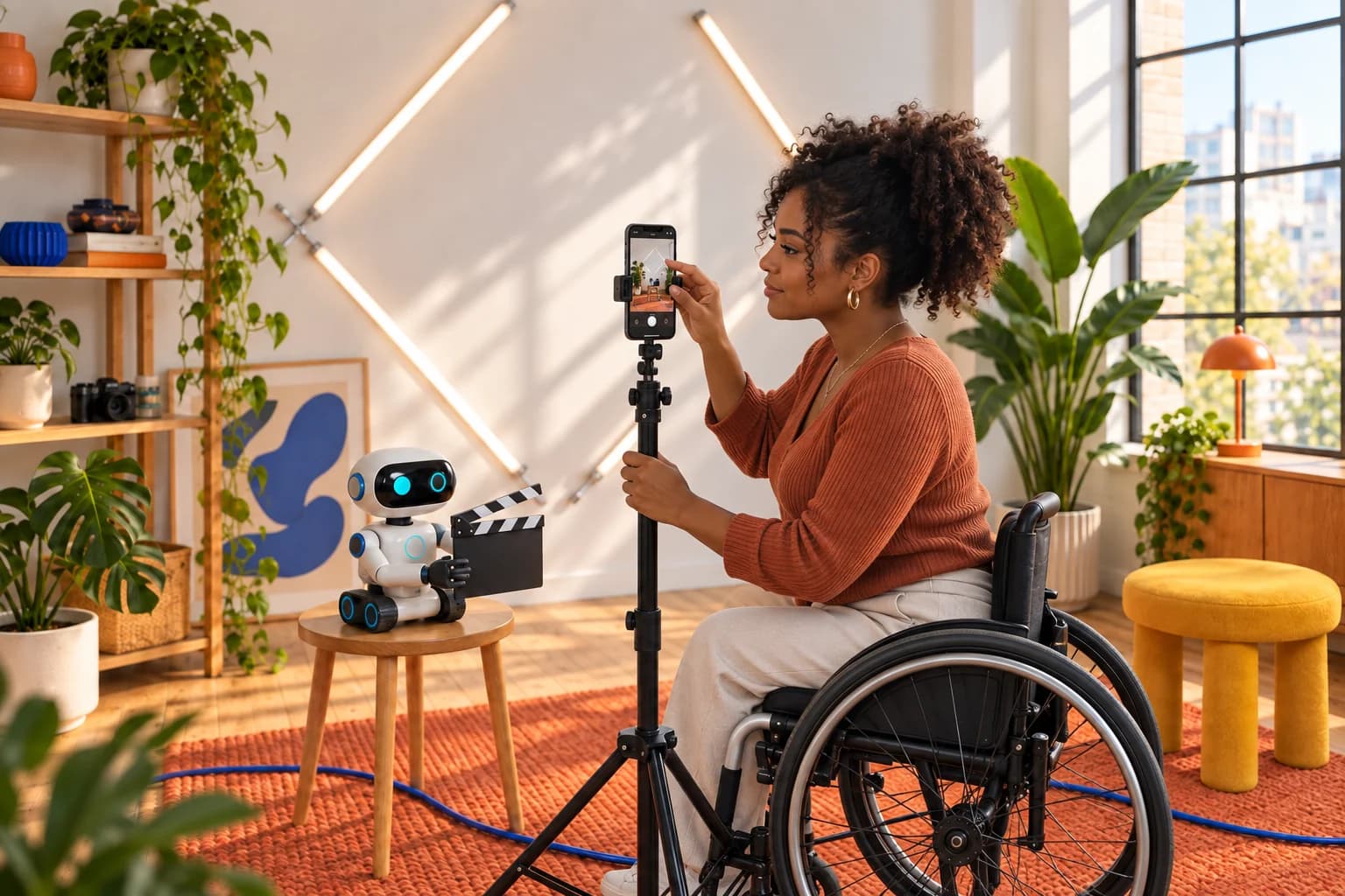 Professionnels préparant une stratégie de contenus avec un assistant robotique