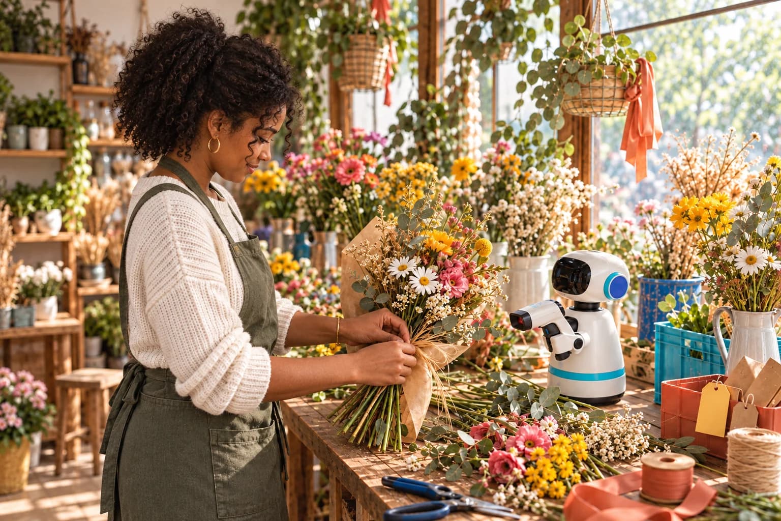 Dirigeant et collaboratrice préparant un projet avec un assistant robotique
