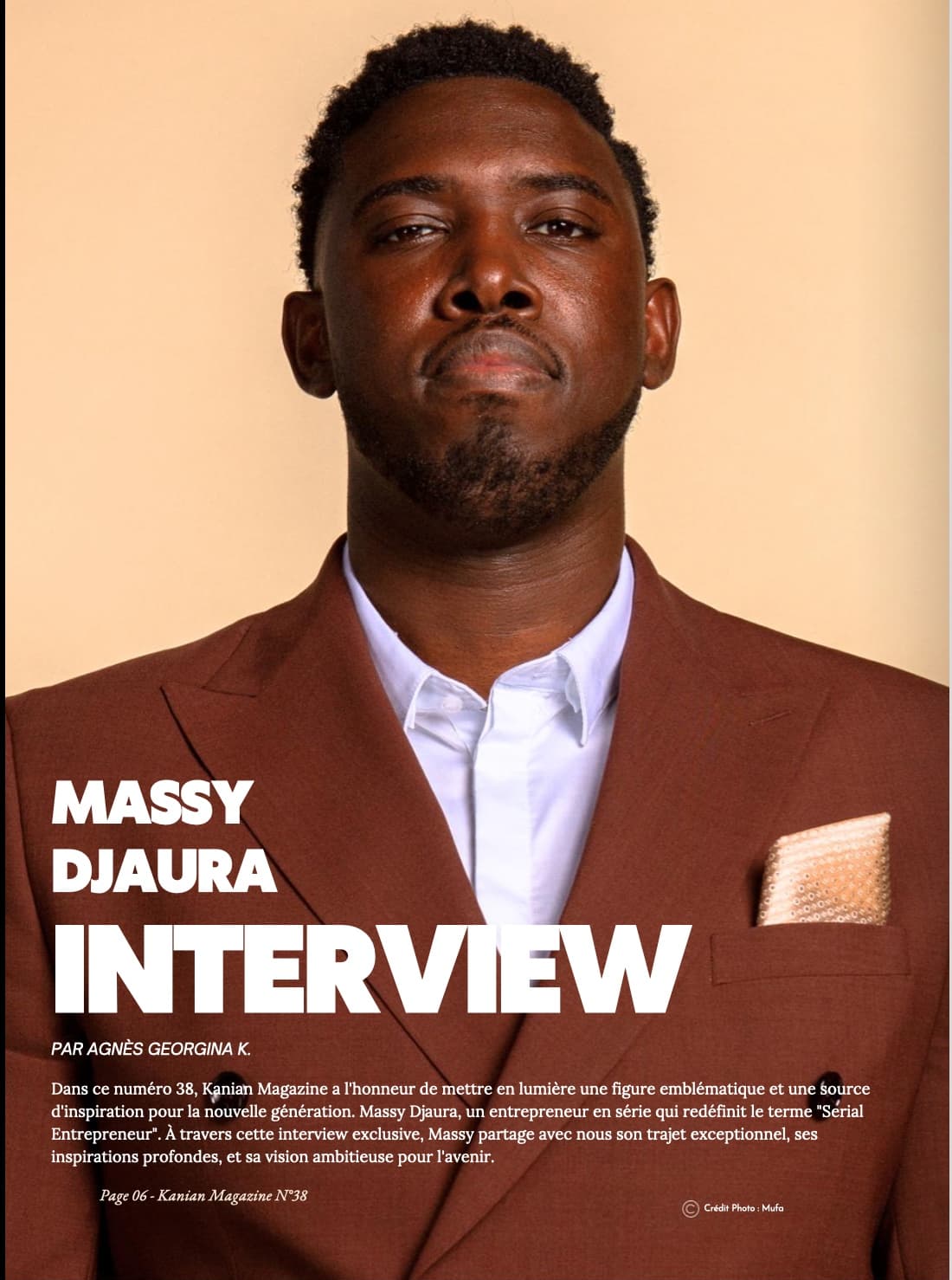 Page d’ouverture de l’interview de Massy Djaura dans Kanian Magazine n°38