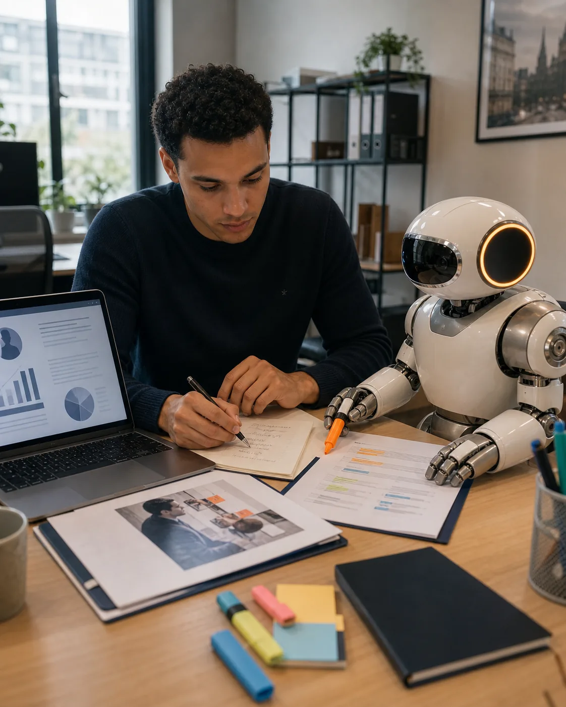 Un commercial prépare un rendez-vous ; un assistant robot organise ses arguments, il mène l'échange.