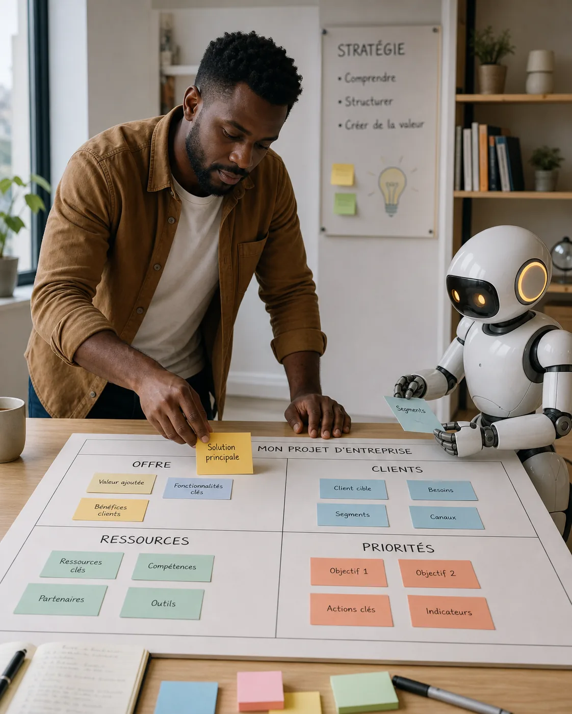 Une entrepreneure structure son projet ; un assistant robot met en ordre ses chiffres, elle décide du cap.